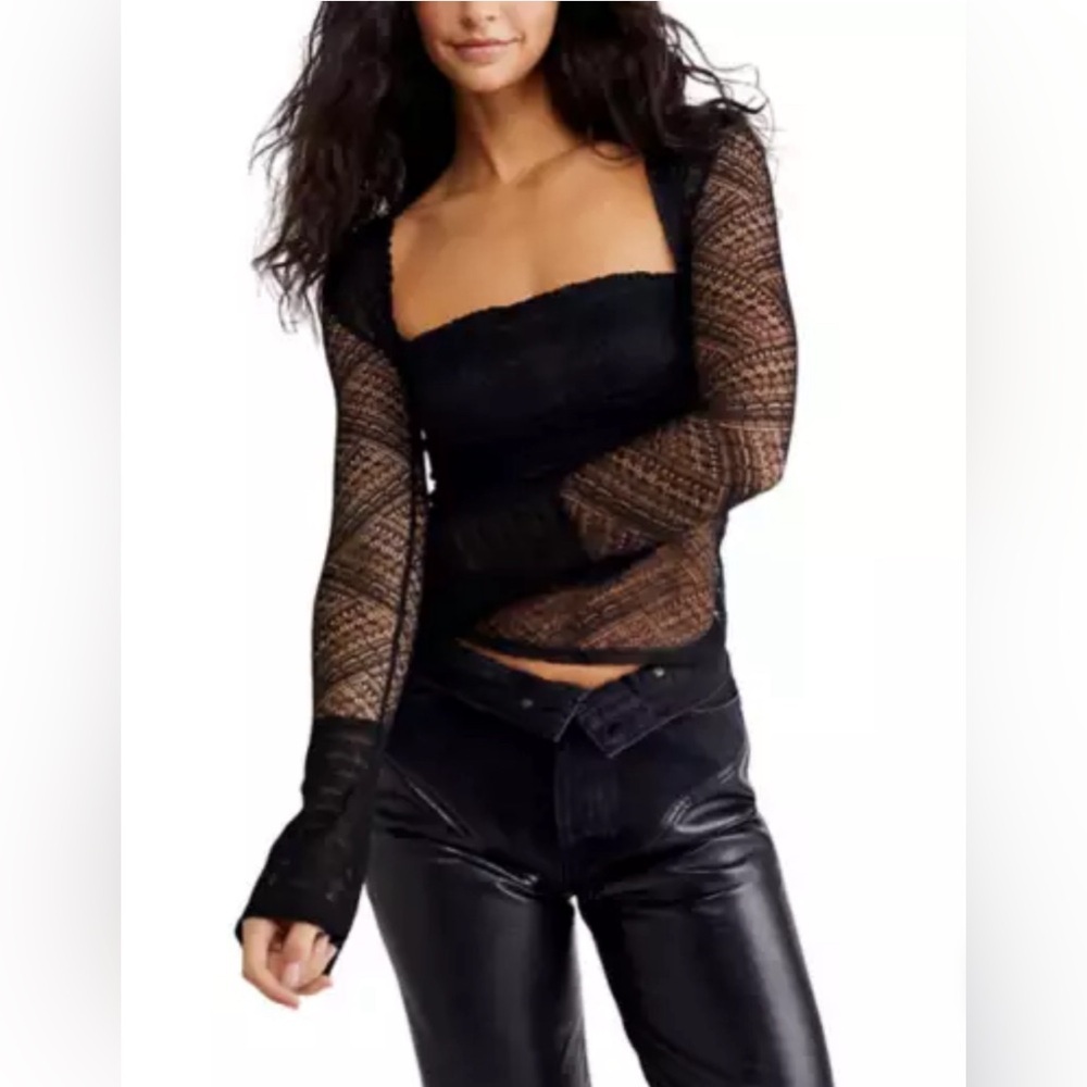 Free People Black Lace Mesh Long Sleeve Square Neck Top